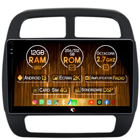 K-ZE 2015-2019 - Navigatie dedicata Renault K-ZE 2015 +, 12GB RAM 256GB ROM, Android 13, Rezolutie 2K, Display QLED, 9", DSP, Carplay, Android Auto, Internet, Youtube, Waze, Wi Fi, USB