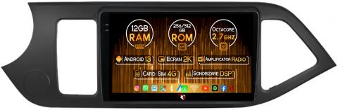 Kia Morning Picanto 2011-2017 - Navigatie dedicata Kia Morning Picanto 2011-2017, Black, 12GB RAM 256GB ROM, Android 13, Rezolutie 2K, Display QLED, 9", DSP, Carplay, Android Auto, Internet, Youtube, Waze, Wi Fi