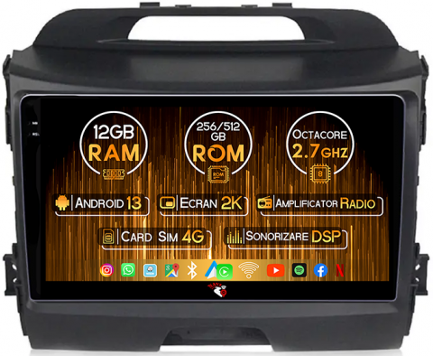 Kia - Navigatie dedicata Kia Sportage, 12GB RAM 256GB ROM, Android 13, Rezolutie 2K, Display QLED, 9", DSP, Carplay, Android Auto, Internet, Youtube, Waze, Wi Fi, USB
