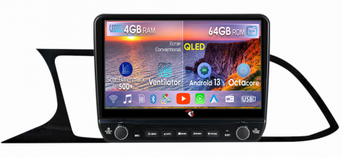 Seat - Navigatie dedicata Leon 2012-2018 cu butoane rotative model 2024, 4 GB RAM 64 ROM, Quadcore, Android 13, Display QLED, 9", DSP, Carplay, Android Auto, Internet, Youtube , Waze , WI-FI