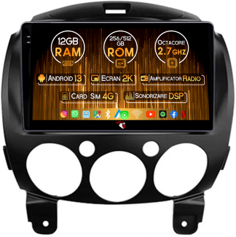 Mazda - Navigatie dedicata Mazda 2 2007-2014, 12GB RAM 256GB ROM, Android 13, Rezolutie 2K, Display QLED, 9", DSP, Carplay, Android Auto, Internet, Youtube, Waze, Wi Fi, USB