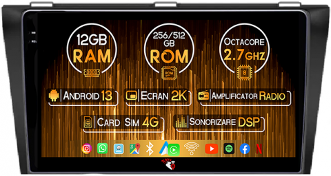 Mazda - Navigatie dedicata Mazda 3, 12GB RAM 256GB ROM, Android 13, Rezolutie 2K, Display QLED, 9", DSP, Carplay, Android Auto, Internet, Youtube, Waze, Wi Fi, USB