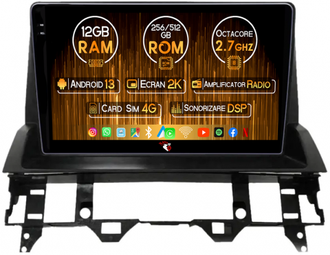 Mazda - Navigatie dedicata Mazda 6 2002-2008, 12GB RAM 256GB ROM, Android 13, Rezolutie 2K, Display QLED, 9", DSP, Carplay, Android Auto, Internet, Youtube, Waze, Wi Fi, USB