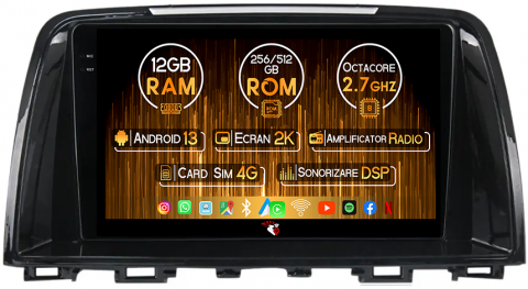 Mazda - Navigatie dedicata Mazda 6 III 2012-2017, 12GB RAM 256GB ROM, Android 13, Rezolutie 2K, Display QLED, 9", DSP, Carplay, Android Auto, Internet, Youtube, Waze, Wi Fi, USB