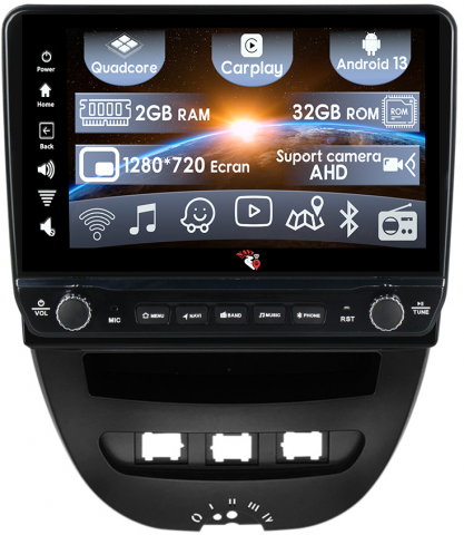 Peugeot 107 2009-2015 - Navigatie dedicata Peugeot 107 2009-2015 10INCH cu butoane rotative model 2024, 10 Inch, 2GB RAM 32GB ROM, Quadcore, Android 13, WiFi, Bluetooth, Magazin Play