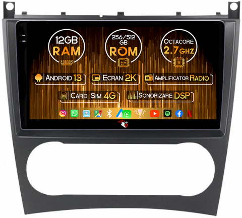 Mercedes-Benz - Navigatie dedicata Mercedes C-Class W203 2004-2007, 12GB RAM 256GB ROM, Android 13, Rezolutie 2K, Display QLED, 9", DSP, Carplay, Android Auto, Internet, Youtube, Waze, Wi Fi, USB