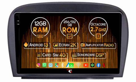 Mercedes-Benz - Navigatie dedicata Mercedes SL W230 2004-2011 A-W230, 12GB RAM 256GB ROM, Android 13, Rezolutie 2K, Display QLED, 9", DSP, Carplay, Android Auto, Internet, Youtube, Waze, Wi Fi, U