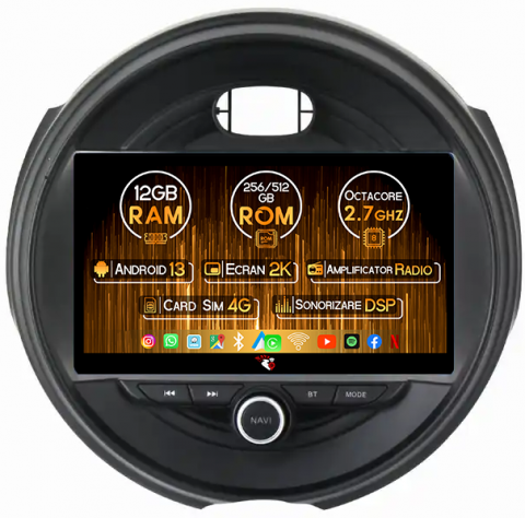 Mini Cooper - Navigatie dedicata Mini Cooper 2015-2019, 12GB RAM 256GB ROM, Android 13, Rezolutie 2K, Display QLED, 9", DSP, Carplay, Android Auto, Internet, Youtube, Waze, Wi Fi, USB