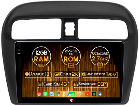 Mirage Attrage 2012-2018 - Navigatie dedicata Mitsubishi Mirage Attrage 2012-2018, 12GB RAM 256GB ROM, Android 13, Rezolutie 2K, Display QLED, 9", DSP, Carplay, Android Auto, Internet, Youtube, Waze, Wi Fi,