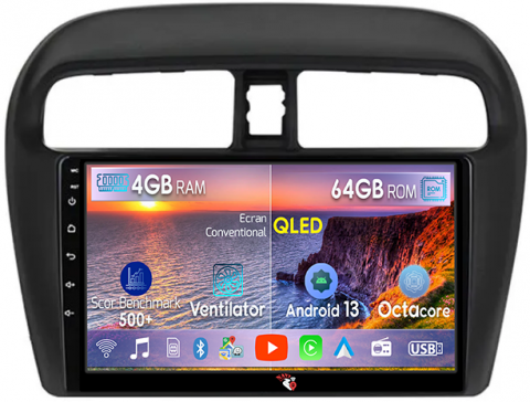 Mitsubishi - Navigatie dedicata Mitsubishi Mirage Attrage 2012-2018, 4GB RAM 64GB ROM, Octacore, Android 13, Display QLED 9", DSP, Carplay, Android Auto, Internet, Youtube, Waze, WIFI, Bluetooth