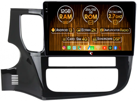 Outlander 2012-2018 - Navigatie dedicata Mitsubishi Outlander 2012-2018, 12GB RAM 256GB ROM, Android 13, Rezolutie 2K, Display QLED, 9", DSP, Carplay, Android Auto, Internet, Youtube, Waze, Wi Fi, USB