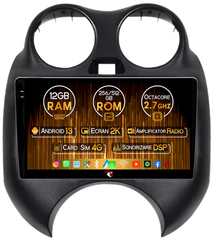 March 2010-2013 - Navigatie dedicata Nissan March 2010-2013 & Micra 2010-2015 , 12GB RAM 256GB ROM, Android 13, Rezolutie 2K, Display QLED, 9", DSP, Carplay, Android Auto, Internet, Youtube, Waze, Wi Fi, USB