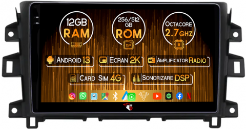 Nissan - Navigatie dedicata Nissan Navara NP300 2011-2016, 12GB RAM 256GB ROM, Android 13, Rezolutie 2K, Display QLED, 9", DSP, Carplay, Android Auto, Internet, Youtube, Waze, Wi Fi, USB