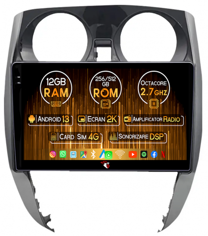 Note 2012-2019 - Navigatie dedicata Nissan Note 2012-2019, 12GB RAM 256GB ROM, Android 13, Rezolutie 2K, Display QLED, 9", DSP, Carplay, Android Auto, Internet, Youtube, Waze, Wi Fi, USB