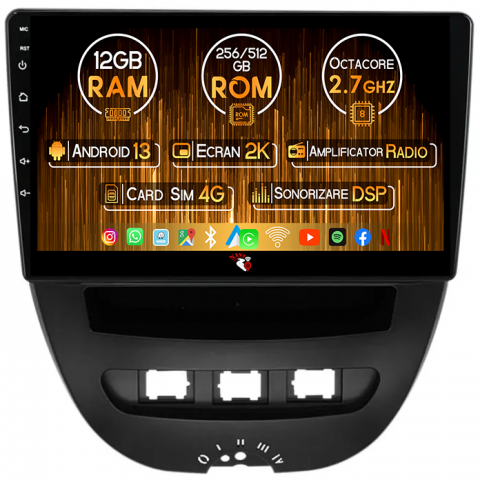 Peugeot 107 2009-2015 - Navigatie dedicata Peugeot 107 2009-2015, 12GB RAM 256GB ROM, Android 13, Rezolutie 2K, Display QLED, 10", DSP, Carplay, Android Auto, Internet, Youtube, Waze, Wi Fi, USB