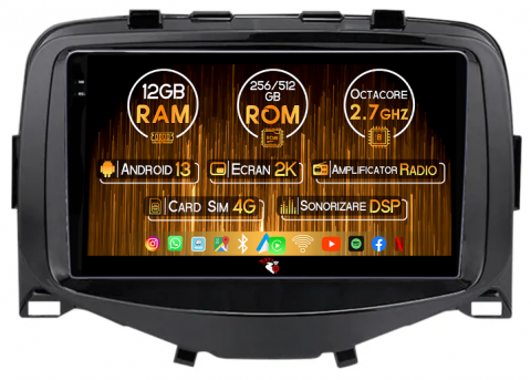 Peugeot 108 2016 - Navigatie dedicata Peugeot 108 2016, 12GB RAM 256GB ROM, Android 13, Rezolutie 2K, Display QLED, 9", DSP, Carplay, Android Auto, Internet, Youtube, Waze, Wi Fi, USB