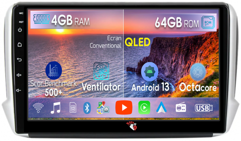 Peugeot 2008 - Navigatie dedicata Peugeot 2008 2013-2020, 4GB RAM 64GB ROM, Octacore, Android 13, Display QLED 10", DSP, Carplay, Android Auto, Internet, Youtube, Waze, WIFI, Bluetooth
