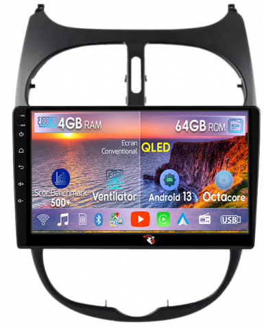Peugeot - Navigatie dedicata Peugeot 206 2004-2008, 4GB RAM 64GB ROM, Octacore, Android 13, Display QLED 9", DSP, Carplay, Android Auto, Internet, Youtube, Waze, WIFI, Bluetooth