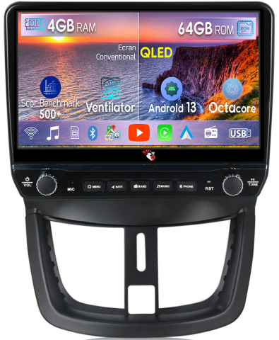 Peugeot 207 - Navigatie dedicata Peugeot 207 2006-2015 cu butoane rotative model 2024, 4 GB RAM 64 ROM, Quadcore, Android 13, Display QLED, 9", DSP, Carplay, Android Auto, Internet, Youtube , Waze , WI-FI