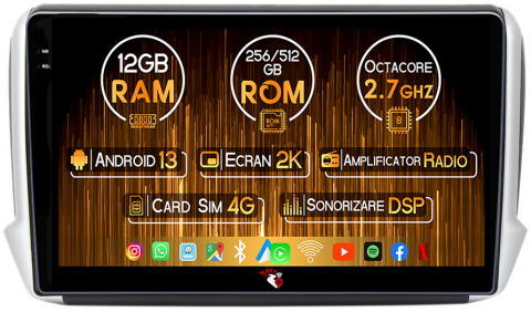 Peugeot - Navigatie dedicata Peugeot 208 / 2008 ( 2012 - 2020 ), 12GB RAM 256GB ROM, Android 13, Rezolutie 2K, Display QLED, 9", DSP, Carplay, Android Auto, Internet, Youtube, Waze, Wi Fi,
