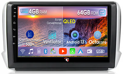 Peugeot - Navigatie dedicata Peugeot 208, 4GB RAM 64GB ROM, Octacore, Android 13, Display QLED 10.1", DSP, Carplay, Android Auto, Internet, Youtube, Waze, WIFI, Bluetooth