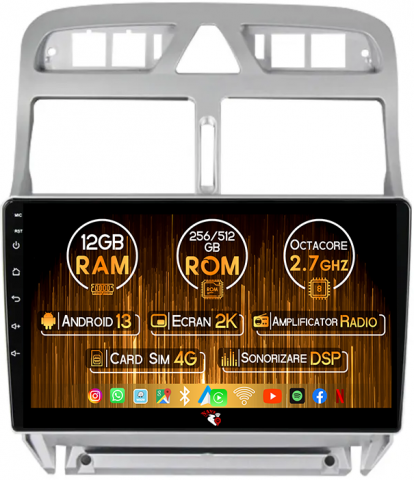 Peugeot - Navigatie dedicata Peugeot 307 2002-2013, 12GB RAM 256GB ROM, Android 13, Rezolutie 2K, Display QLED, 9", DSP, Carplay, Android Auto, Internet, Youtube, Waze, Wi Fi, USB