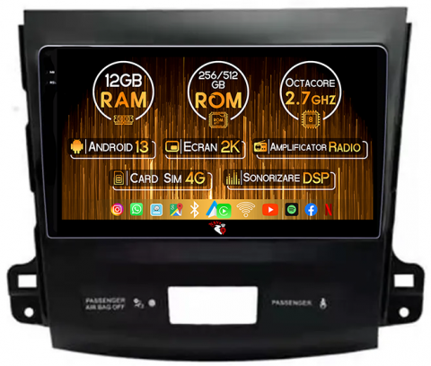 Peugeot - Navigatie dedicata Peugeot 4007 ( 2007 - 2012 ), 12GB RAM 256GB ROM, Android 13, Rezolutie 2K, Display QLED, 9", DSP, Carplay, Android Auto, Internet, Youtube, Waze, Wi Fi, USB