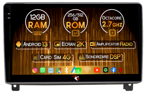 Peugeot - Navigatie dedicata Peugeot 407 2004-2011, 12GB RAM 256GB ROM, Android 13, Rezolutie 2K, Display QLED, 9", DSP, Carplay, Android Auto, Internet, Youtube, Waze, Wi Fi, USB