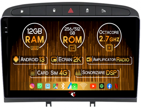 Peugeot - Navigatie dedicata Peugeot 408 2008-2020, 12GB RAM 256GB ROM, Android 13, Rezolutie 2K, Display QLED, 9", DSP, Carplay, Android Auto, Internet, Youtube, Waze, Wi Fi, USB