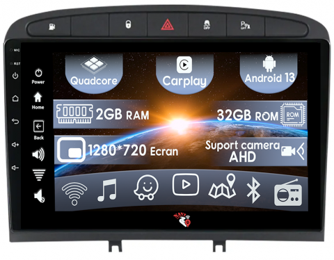 Peugeot 408 2008-2020 - (Resigilata) Navigatie dedicata Peugeot 408 2008-2020, black, Android 13, Wireless Carplay si Android auto 2GB RAM 32 ROM, Display IPS 9" Full HD, Suport camere Full HD