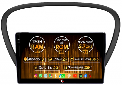 Peugeot - Navigatie dedicata Peugeot 607 2004-2010, 12GB RAM 256GB ROM, Android 13, Rezolutie 2K, Display QLED, 9", DSP, Carplay, Android Auto, Internet, Youtube, Waze, Wi Fi, USB