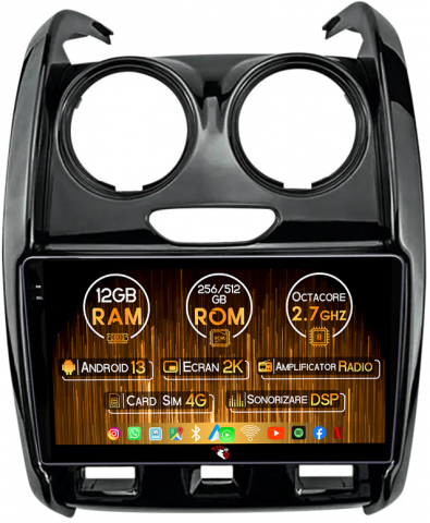 Duster 2015-2020 - Navigatie dedicata Renault Duster 2015-2020 Lada Largus 2021, 12GB RAM 256GB ROM, Android 13, Rezolutie 2K, Display QLED, 9", DSP, Carplay, Android Auto, Internet, Youtube, Waze,