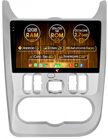Logan 2009-2015 - Navigatie dedicata Renault Logan 2009-2015, 12GB RAM 256GB ROM, Android 13, Rezolutie 2K, Display QLED, 9", DSP, Carplay, Android Auto, Internet, Youtube, Waze, Wi Fi, USB