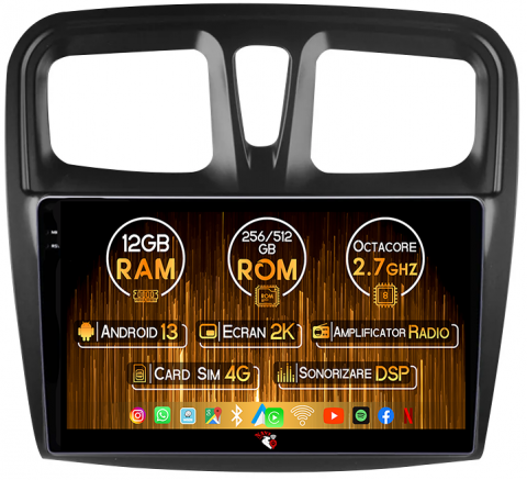 Logan 2014-2019 - Navigatie dedicata Renault Logan 2014-2019, 12GB RAM 256GB ROM, Android 13, Rezolutie 2K, Display QLED, 9", DSP, Carplay, Android Auto, Internet, Youtube, Waze, Wi Fi, USB
