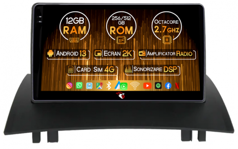 Megane 2 - Navigatie dedicata Renault Megane 2 2002-2009, 12GB RAM 256GB ROM, Android 13, Rezolutie 2K, Display QLED, 9", DSP, Carplay, Android Auto, Internet, Youtube, Waze, Wi Fi, USB