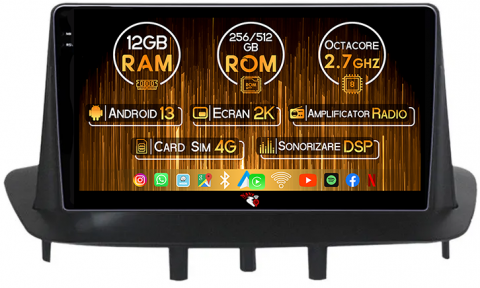 Megane 3 (2003-2016) - Navigatie dedicata Renault Megane 3 Fluence ( 2009 -2015 ), 12GB RAM 256GB ROM, Android 13, Rezolutie 2K, Display QLED, 9", DSP, Carplay, Android Auto, Internet, Youtube, Waze, Wi