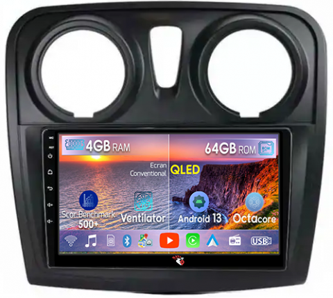 Sandero Dacia Duster Captur Lada Xray - Navigatie dedicata Renault Sandero 2017+, 4GB RAM 64GB ROM, Octacore, Android 13, Display QLED 9", DSP, Carplay, Android Auto, Internet, Youtube, Waze, WIFI, Bluetooth