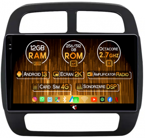 Dacia - Navigatie dedicata Renault Spring 2021+, 12GB RAM 256GB ROM, Android 13, Rezolutie 2K, Display QLED, 10", DSP, Carplay, Android Auto, Internet, Youtube, Waze, Wi Fi, USB