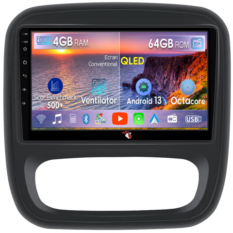Trafic 3 - Navigatie dedicata Renault Trafic 2014-2018, 4GB RAM 64GB ROM, Octacore, Android 13, Display QLED 9", DSP, Carplay, Android Auto, Internet, Youtube, Waze, WIFI, Bluetooth