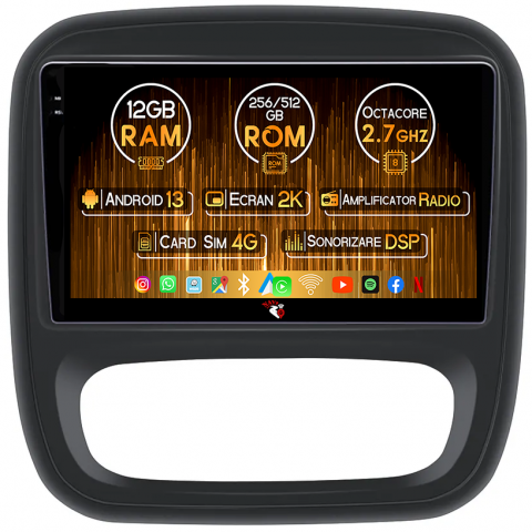 Trafic 3 - Navigatie dedicata Renault Trafic 3, 12GB RAM 256GB ROM, Android 13, Rezolutie 2K, Display QLED, 9", DSP, Carplay, Android Auto, Internet, Youtube, Waze, Wi Fi, USB