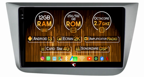 Seat - Navigatie dedicata Seat Leon 2005-2012, 12GB RAM 256GB ROM, Android 13, Rezolutie 2K, Display QLED, 9", DSP, Carplay, Android Auto, Internet, Youtube, Waze, Wi Fi, USB