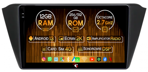 Skoda - Navigatie dedicata Skoda Fabia 2015, 12GB RAM 256GB ROM, Android 13, Rezolutie 2K, Display QLED, 9", DSP, Carplay, Android Auto, Internet, Youtube, Waze, Wi Fi, USB