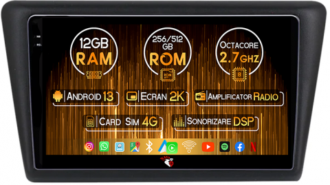 Skoda - Navigatie dedicata Skoda Rapid 2013-2017, 12GB RAM 256GB ROM, Android 13, Rezolutie 2K, Display QLED, 9", DSP, Carplay, Android Auto, Internet, Youtube, Waze, Wi Fi, USB