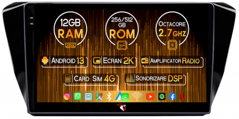 Skoda - Navigatie dedicata Skoda Superb 2016-2019, 12GB RAM 256GB ROM, Android 13, Rezolutie 2K, Display QLED, 9", DSP, Carplay, Android Auto, Internet, Youtube, Waze, Wi Fi, USB