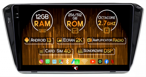 Skoda - Navigatie dedicata Skoda Superb 3 ( 2015 - 2019 ), 12GB RAM 256GB ROM, Android 13, Rezolutie 2K, Display QLED, 10.1", DSP, Carplay, Android Auto, Internet, Youtube, Waze, Wi Fi, U