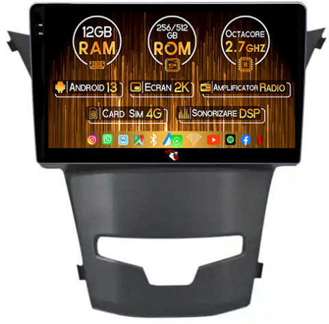 Actyon 2013-2017 - Navigatie dedicata Ssangyong Actyon 2013-2017, 12GB RAM 256GB ROM, Android 13, Rezolutie 2K, Display QLED, 9", DSP, Carplay, Android Auto, Internet, Youtube, Waze, Wi Fi, USB