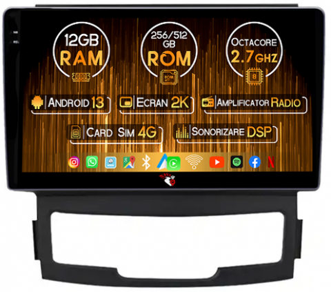 SsangYong - Navigatie dedicata Ssangyong Korando 2010-2013, 12GB RAM 256GB ROM, Android 13, Rezolutie 2K, Display QLED, 9", DSP, Carplay, Android Auto, Internet, Youtube, Waze, Wi Fi, USB