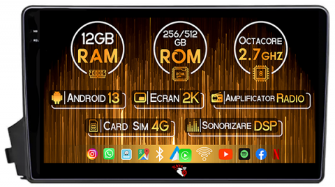 SsangYong - Navigatie dedicata Ssangyong Kyron 2005-2011, 12GB RAM 256GB ROM, Android 13, Rezolutie 2K, Display QLED, 9", DSP, Carplay, Android Auto, Internet, Youtube, Waze, Wi Fi, USB