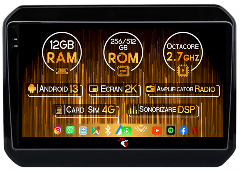 Suzuki - Navigatie dedicata Suzuki Ignis 2016-2020, 12GB RAM 256GB ROM, Android 13, Rezolutie 2K, Display QLED, 9", DSP, Carplay, Android Auto, Internet, Youtube, Waze, Wi Fi, USB