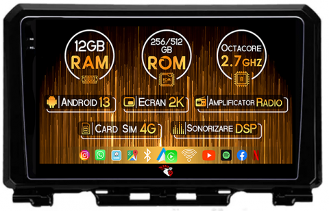 Suzuki - Navigatie dedicata Suzuki Jimny 2018-2020, 12GB RAM 256GB ROM, Android 13, Rezolutie 2K, Display QLED, 9", DSP, Carplay, Android Auto, Internet, Youtube, Waze, Wi Fi, USB